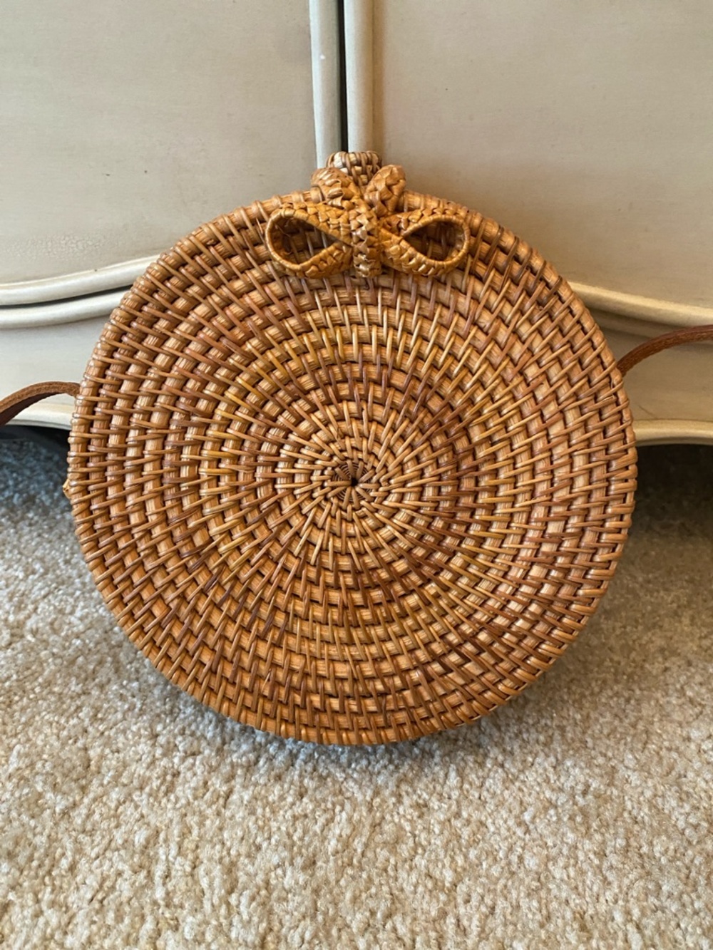 Round Woven Rattan Crossbody Bag in Natural Tan